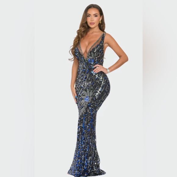 Zena Blue Sequin Deep V Mermaid Maxi Dress – Medium – NWT - Picture 1 of 12